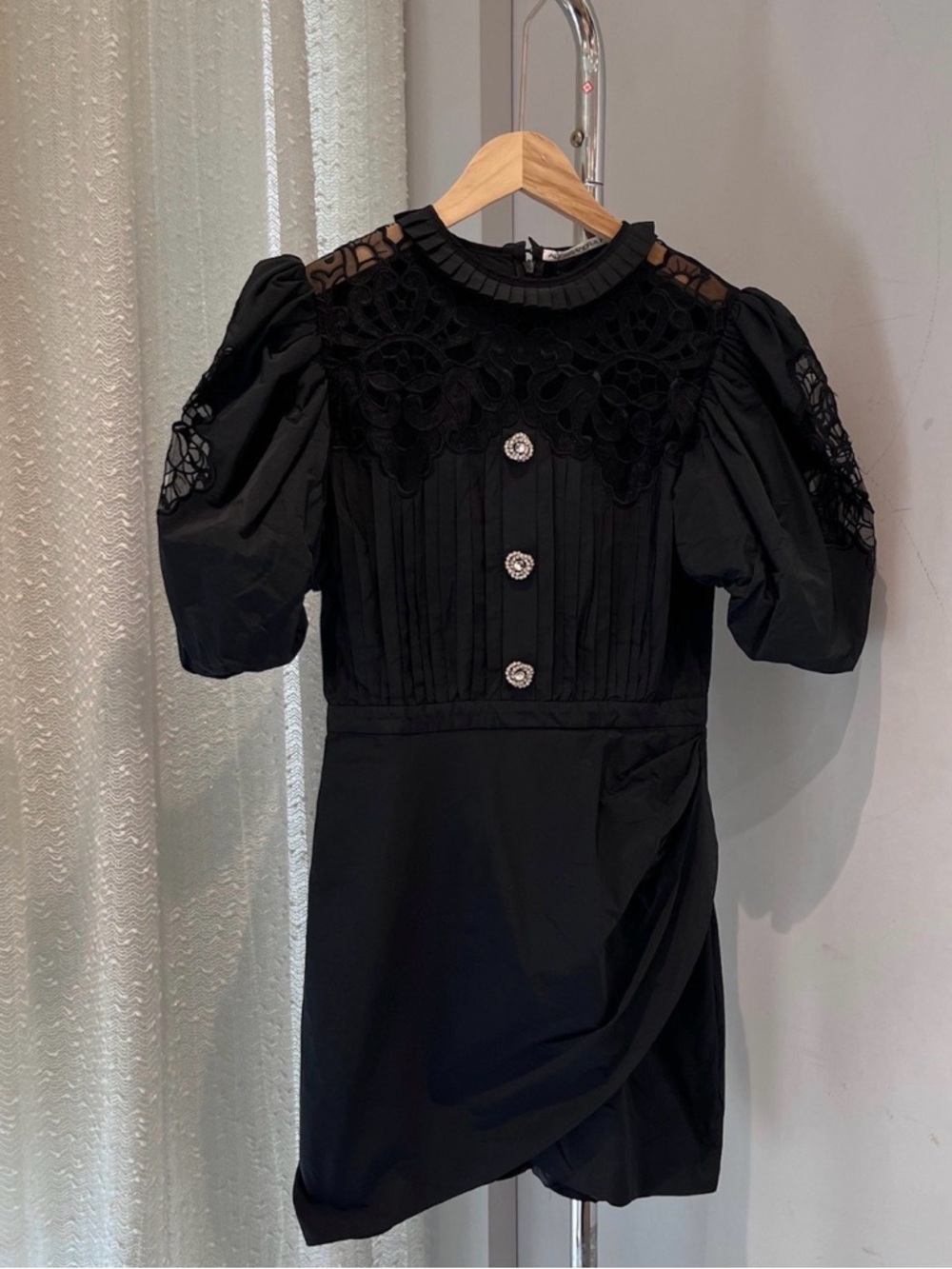 Alessandra Rich Black Lace-Yoke Puff Sleeve Mini Dress